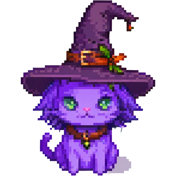 purple witch cat with a hat pixel art emoji