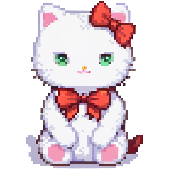 Hello Kitty white cat with red bow sitting with a teddy bear cute pose pixel art style emoji