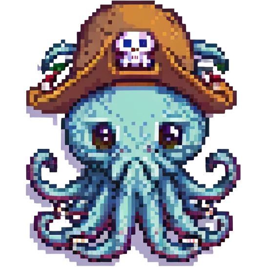 pixel art octopus with pirate hat, surprised expression emoji
