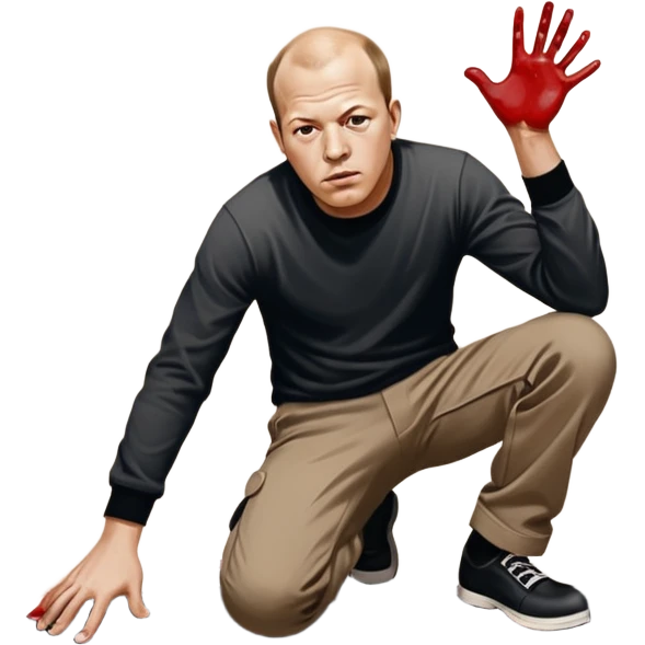 Jackson pollock the abstract artist flicking black white and red paint onto a canvas on the ground emoji