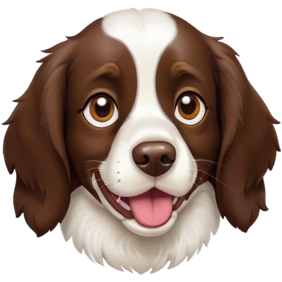 Cinematic Comical Springer Spaniel Portrait Emoji, Head tilted dramatically with an exaggeratedly amused expression, featuring a striking liver and white Fur with dynamic patterns, wide, expressive brown eyes filled with playful disbelief, Simplified yet hilariously expressive features, highly detailed, glowing with a slightly sassy glow, high shine, dramatic yet playful, stylized with an air of cheeky mischief, bright and endearing, soft glowing outline, capturing the essence of a spirited and over-the-top companion, so meme-worthy it feels like it could side-eye its way into internet fame instantly! emoji
