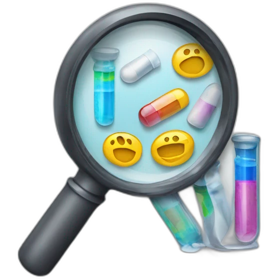 i want an emoji representing a printer with a magnifying glass covering it showing medication drugs emoji