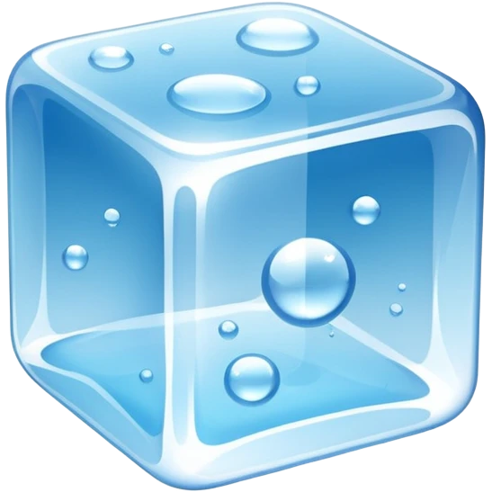 A single transparent ice cube with smooth rounded edges, highly detailed, crystal-clear with tiny air bubbles inside, glossy reflections, cool blue tones, soft shine on the surface, realistic lighting, floating on a clean blue background, ultra-high resolution, 3D look, sharp details emoji