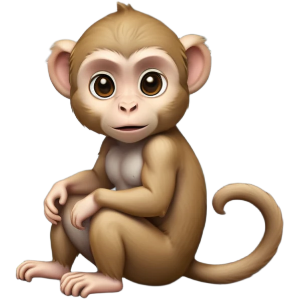 cinematic-cute macaque-realistic-full-body-sitting-emoji,-compact-muscular-frame-poised-on-a-rocky-outcrop,-short-curled-tail-resting-behind,-head-tilted-dramatically,-thick-dense-fur-in-warm-shades-of-brown-and-grey,-expressive-eyes-filled-with emoji