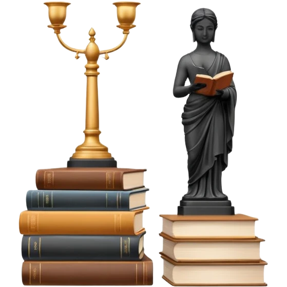 Minimalistic flat vector icon, iOS style, thin black contour on white background. Bust statue on a small pedestal next to a stack of books, symbolizing classic literature. Clean, no text, no shadows emoji
