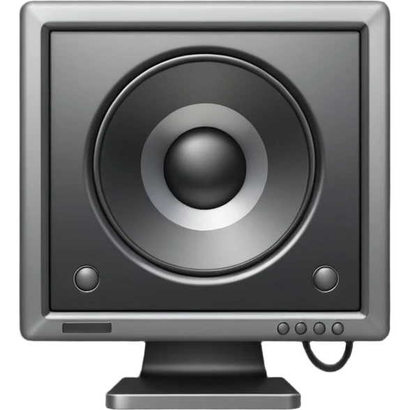 Minimal emoji icon of a modern metallic studio monitor, front view, detailed geometry, dark metallic body, subtle highlights, isolated emoji