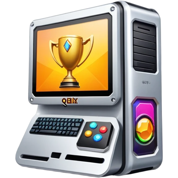 Gaming computer with qbix88 logo, popular online gaming platform with trophy and expert player badge emoji