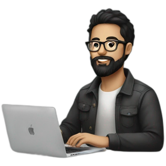 Designer with black hair, beard and glasses working with MacBook and drinking cappuccino  emoji