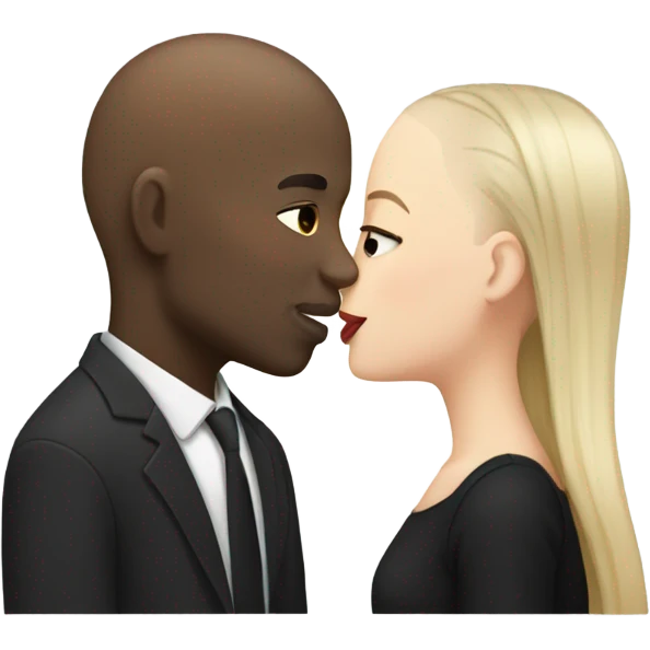White girl dark hair kissing bald black man emoji