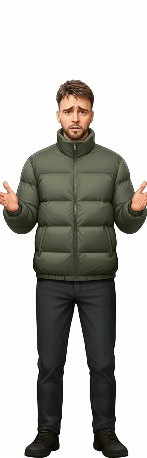 нарисуй человека в одежде как во вложении, с лицом как на картинке с лицом, но руки раскинуты в разные стороны, расстроен, без фона emoji