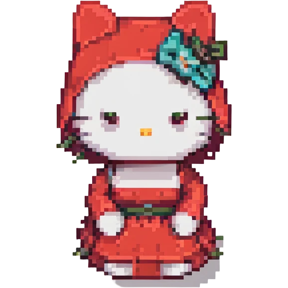 Hello Kitty sitting pose red dress classic look minimal details pixel art slightly different facial expression emoji
