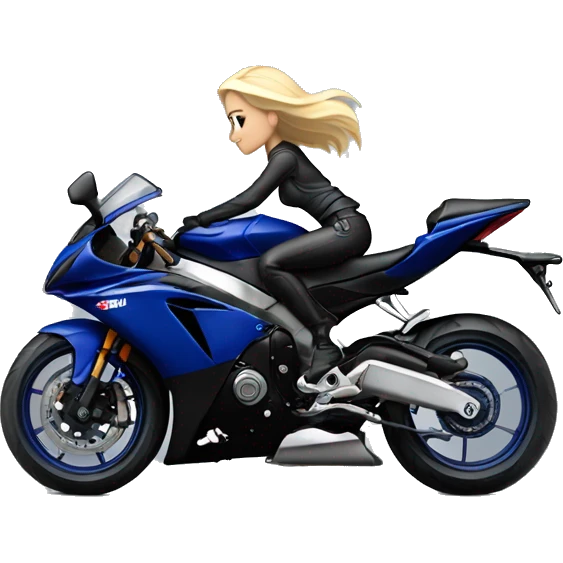 Blonde girl on a dark blue and silver Yamaha R6 side view emoji