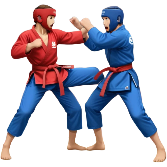 Two SAMBO fighters in blue and red uniforms engage in dynamic grappling and throwing techniques. One executes a powerful throw while the other tries to counter. The scene is set in a sports arena with a competition mat, capturing the intensity and motion of the martial art. Transparent background. emoji