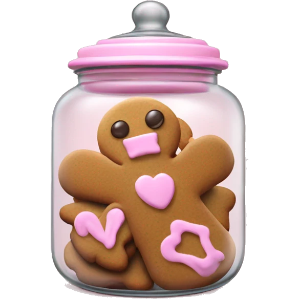Realistic glass cookie jar with light pink lid full of gingerbread cookies isolated.  emoji