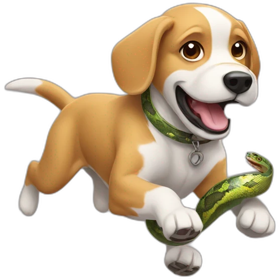 A dog running with a python emoji