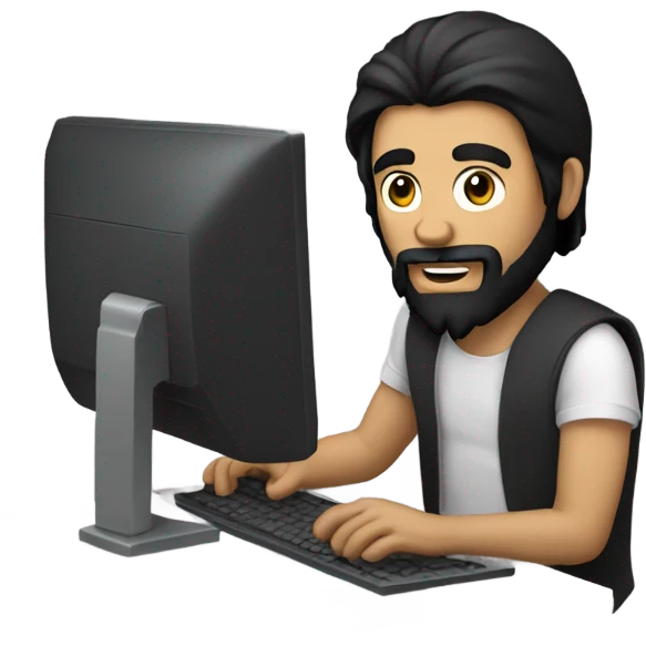 A guy with black beard and black long hair playing on a compu emoji