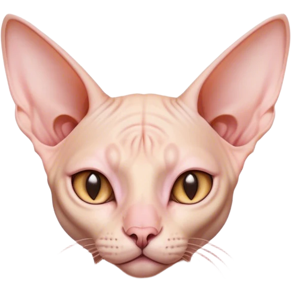 Cinematic Noble Sphynx Cat Portrait Emoji, Poised and regal, with smooth, hairless skin in warm peach and soft pink tones, striking large ears and intense almond-shaped eyes, Simplified yet sharp and sophisticated features, highly detailed, glowing with a soft, dignified glow, high shine, intelligent and graceful, stylized with an air of elegance, focused and attentive, soft glowing outline, capturing the essence of a watchful and refined feline, so majestic it feels as though it could glide across the screen with effortless confidence! emoji