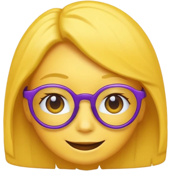 un emojis amarillo, con el cabello corto,lacio y negro, con lentes violeta y una sonrisa emoji