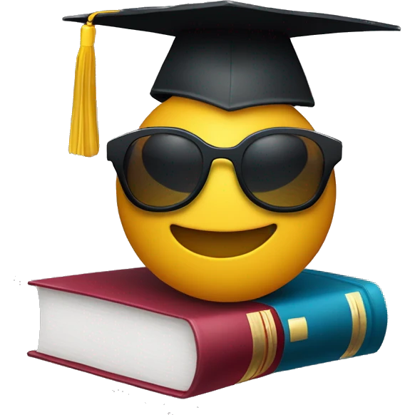 A smirking face with sunglasses 😎, holding a book in one hand and a football in the other. The emoji is wearing a graduation cap slightly tilted to one side, indicating a fun yet smart personality. emoji