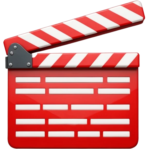 Bright red glossy movie clapper with a folded upper striped bar and light glare emoji