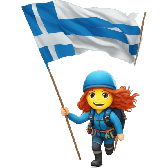 Female winter mountaineer red hair white skin climbing with Greek Flag and Easter eggs basket emoji