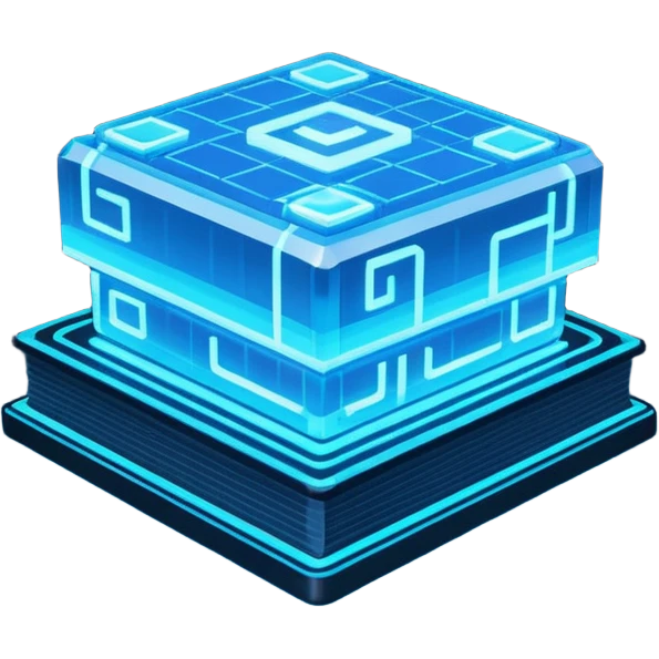Pixel art emoji icon of a futuristic holographic book (help), neon blue sci-fi voxel style, cute tech aesthetic, centered, simple, high contrast, 3D shading, soft glow, transparent background, 100x100 px, game UI icon emoji