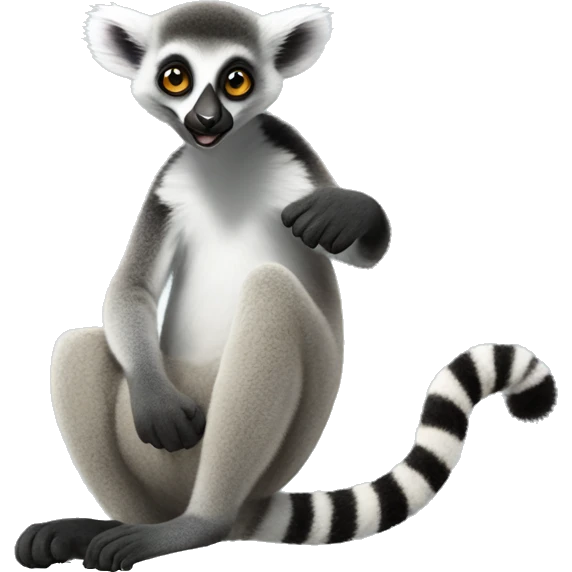 A smart lemur sits sideways, looks at us, shows a thumbs up on its upper paw and smiles emoji