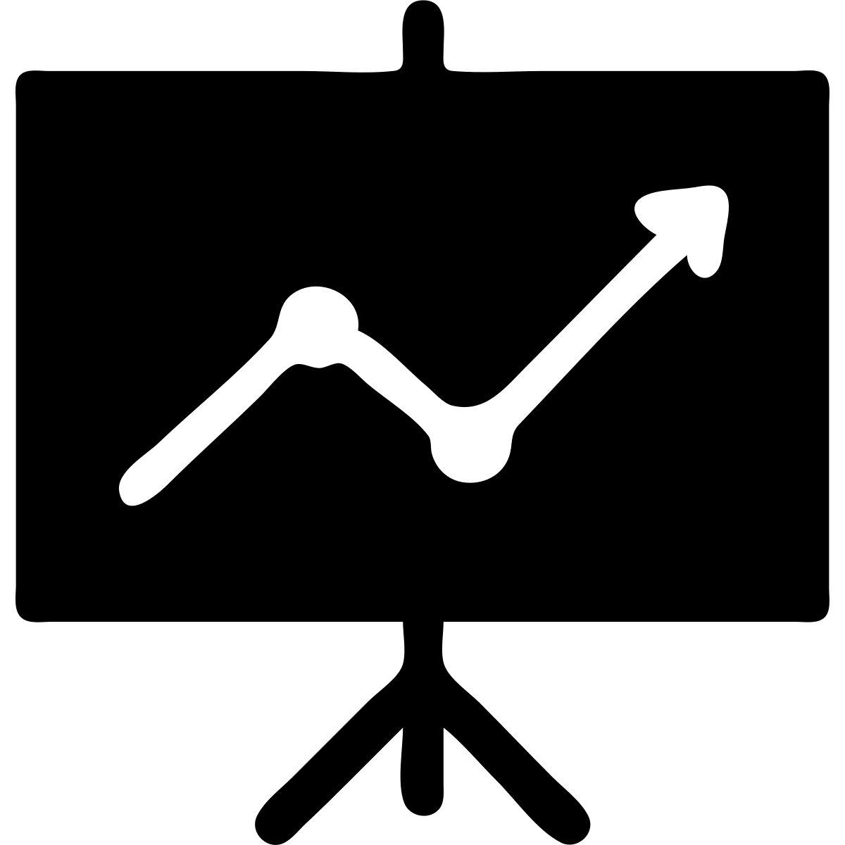 Minimalist icon of a presentation with a graph, solid black fill, transparent background. The graph has one straight ascending line. emoji