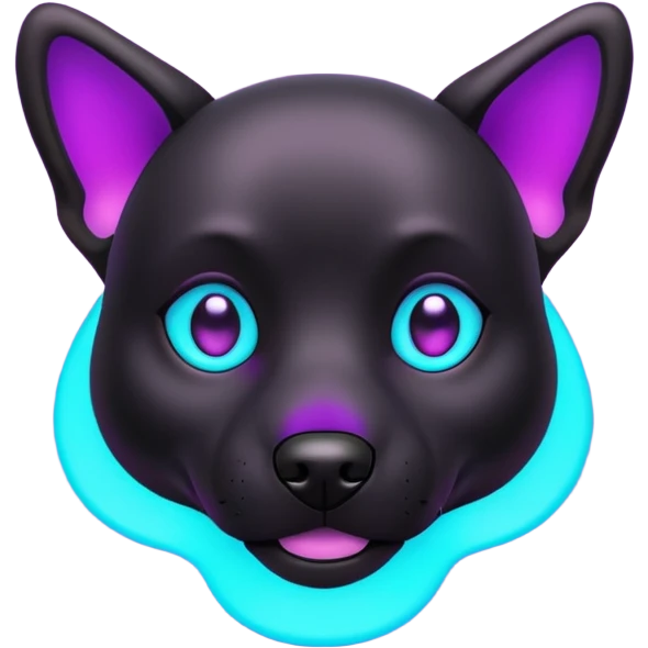 futuristic glowing black dog emoji, neon cyan eyes, purple #8B5CF6 highlights, tech minimal style, dark background emoji