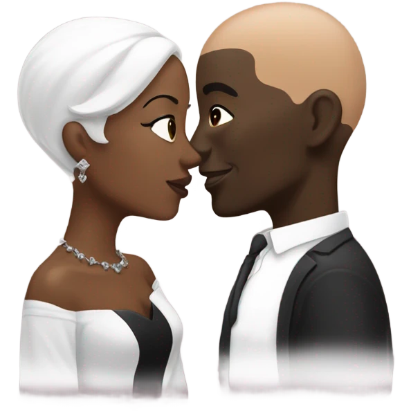 Bald white man kissing dark black woman emoji