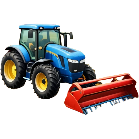 An icon representing a farming simulator, with a detailed tractor plowing fields under a bright sky with rural landscape. The design includes farming tools, crops and barns, symbolizing the immersive experience of managing a farm. Transparent background. emoji