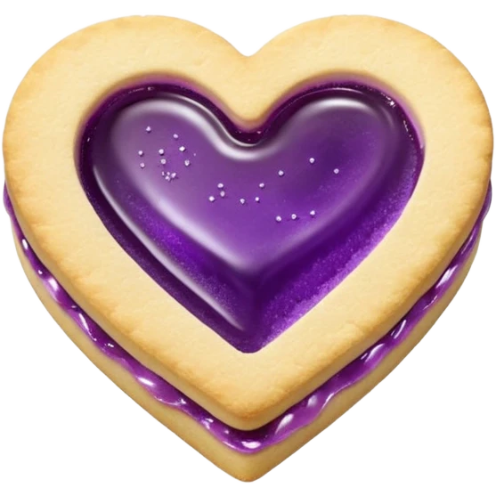 Realistic shortbread cookie in the shape of a heart with violet jelly middle filling and sprinkled powder sugar on top. emoji