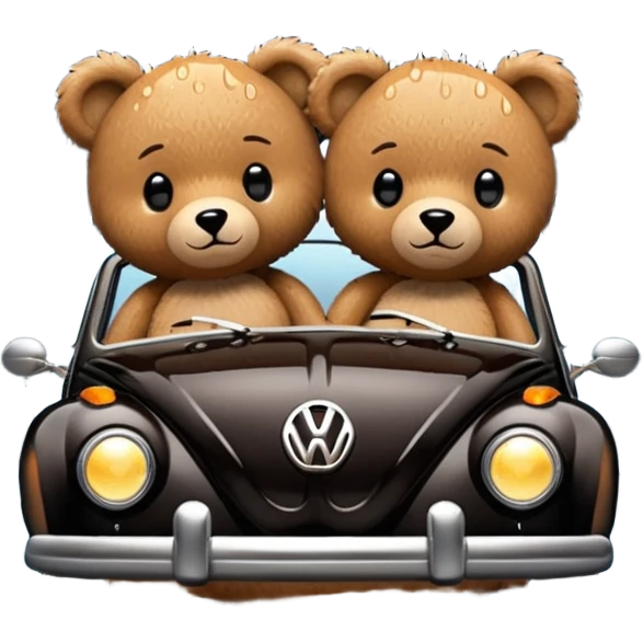 Two teddy bears in black Volkswagen in the rain emoji