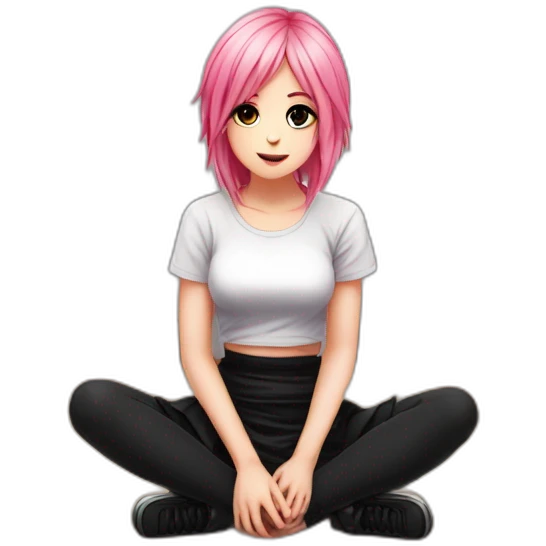 Full body Front view curvy emo girl pink hair sits on the floor straight view hands up black skirt полосатые рваные чулки emoji