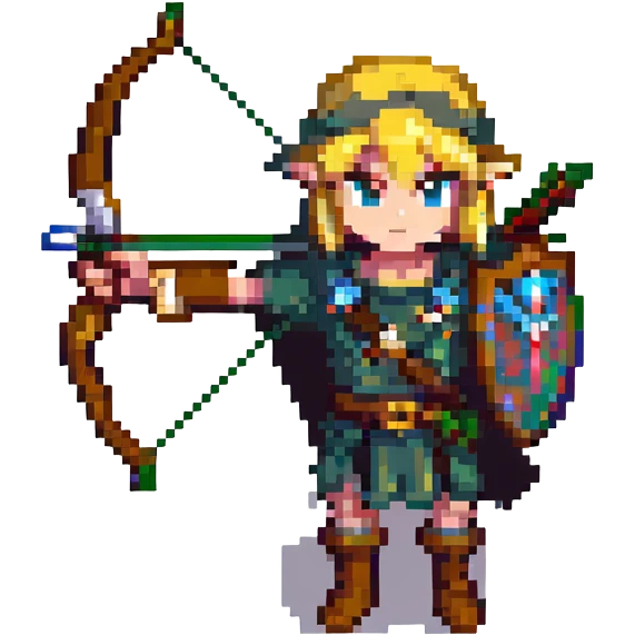 Link from The Legend of Zelda, pixel art style, with a bow and arrow emoji