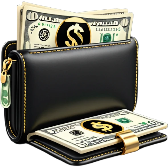 Rich emoji style black leather wallet with dollar bills, luxury money vibe, premium 3D emoji, ultra clean, high detail, no background
 emoji
