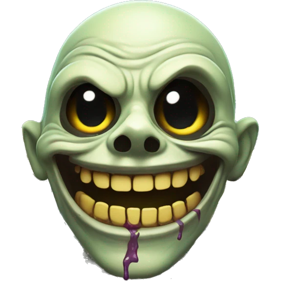 Create an image of a beaming zombie with a wide grin, holding a bright yellow smiley face emoji in its hands, surrounded by colorful flowers in a graveyard.
 emoji