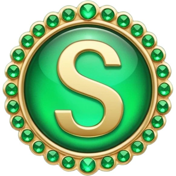 Create a custom emoji badge featuring a stylized, glossy letter “S”. Theme it according to the Emerald rank from League of Legends. Use deep green gemstones, bright emerald glows, and polished metallic framing. Luxurious and clean.
] emoji