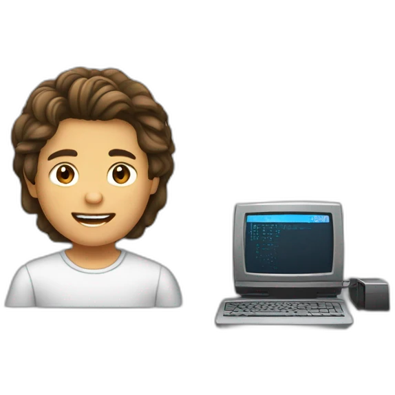 un chico de 13 años pelo castaño, corto, liso, con una computadora emoji