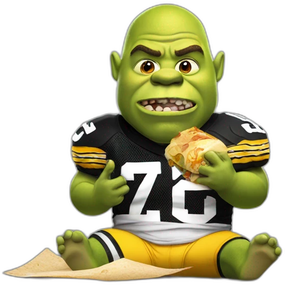 shrek wearing steelers jersey eating a burrito with a baseball bat on the other hand emoji