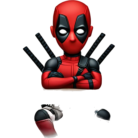 Cute Deadpool sitting at a desk, front view emoji