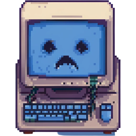 a pixel art computer showing a blue screen of death, with a sad face, representing an AI fail emoji