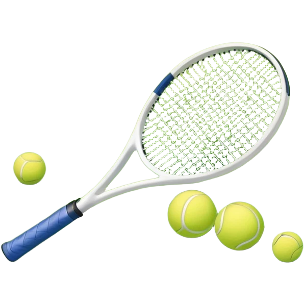 A tennis racket and ball positioned on a grass court, with the net and lines clearly visible in the background. The scene emphasizes the classic elements of the sport, capturing the energy and precision of a tennis match. emoji