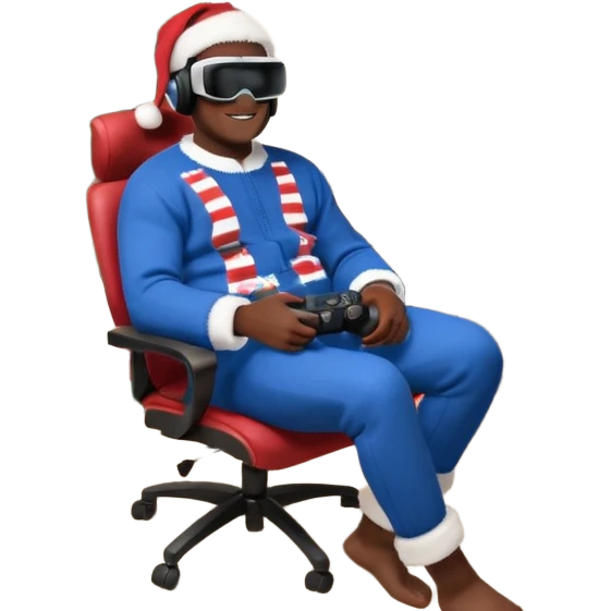 Informaticien homme noir full-body, week-end détente, assis à son bureau moderne avec ordinateur affichant du code. Il porte un casque VR et tient une manette PS 2025. À côté de lui, le Père Noël souriant, sapin illuminé et cadeaux autour. emoji