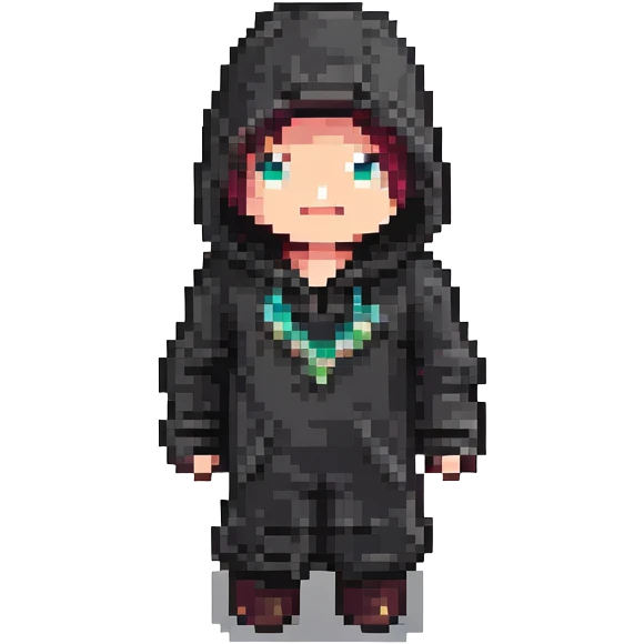 Extract and isolate the character in the black hooded outfit, preserving the original Minecraft pixel art style, colors, and details, with a transparent background. emoji
