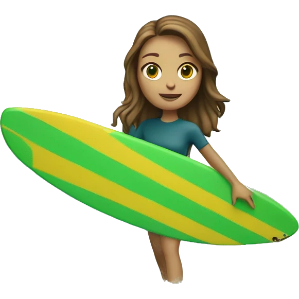 brown hair white girl surfing green yellow surf board in ocean emoji