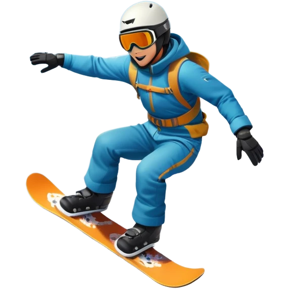 An icon showing a snowboarder performing an exciting jump on a snow-covered slope. The background features towering mountains, snow-covered trees, and a bright, clear sky. Transparent background highlights the speed, agility, and thrill of snowboarding. emoji