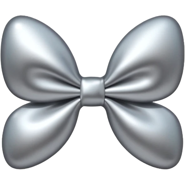 A cute bow emoji made of polished silver chrome, smooth rounded loops, glossy metallic surface, soft mirror reflections, subtle highlights, minimal and adorable proportions, iOS emoji style, centered composition, clean white background, soft studio lighting, no text, no outline, ultra high quality emoji