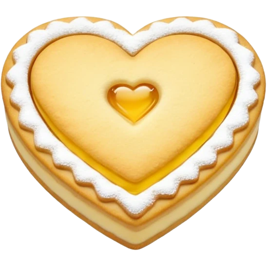 Realistic shortbread cookie in the shape of a heart with color of lemon jelly middle filling and sprinkled powder sugar on top. emoji