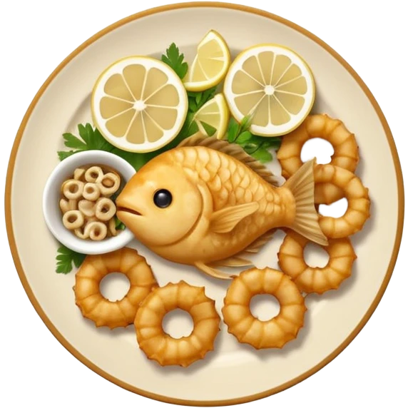 apple style ios emoji of a round ceramic plate with assorted small fried fish pescaito frito anchovies calamari rings tiny whole fish golden crispy with lemon wedges and parsley warm golden brown light yellow white tones soft shading cute minimalistic clean composition emoji